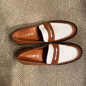 Funky 70s style chunky loafers in burnt orange and cream